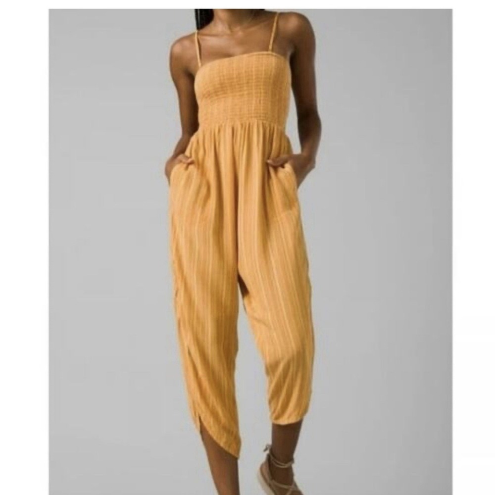 prAna Fernie Gauze Large Lightweight Gold Jumpsuit Beach Pants Smocked Boho